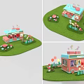Colorful Cartoon Food Cart Scene With Green Grass Flowers And Mushroom Decorations