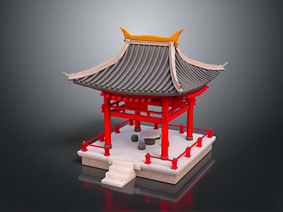 Traditional Chinese Pavilion With Red Pillars Black Tiled Roof And Stone Benches 3d model
