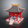 Traditional Chinese Pavilion With Red Pillars Black Tiled Roof And Stone Benches