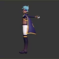 Anime Character 3D Model With Blue Green Hair Purple Cape And Open Arms Pose