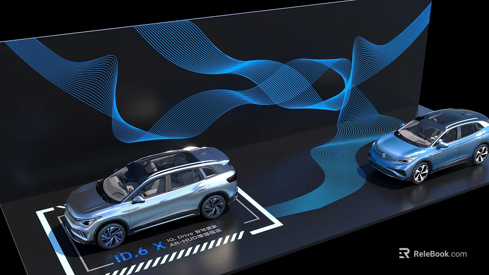 Two ID.6 X Cars Displayed with Blue Wavy Lines Background Design 3d model 