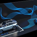 Two ID.6 X Cars Displayed with Blue Wavy Lines Background Design