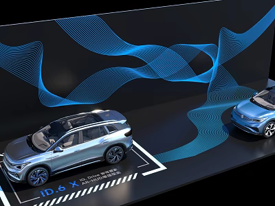 Two ID.6 X Cars Displayed with Blue Wavy Lines Background Design 3d model