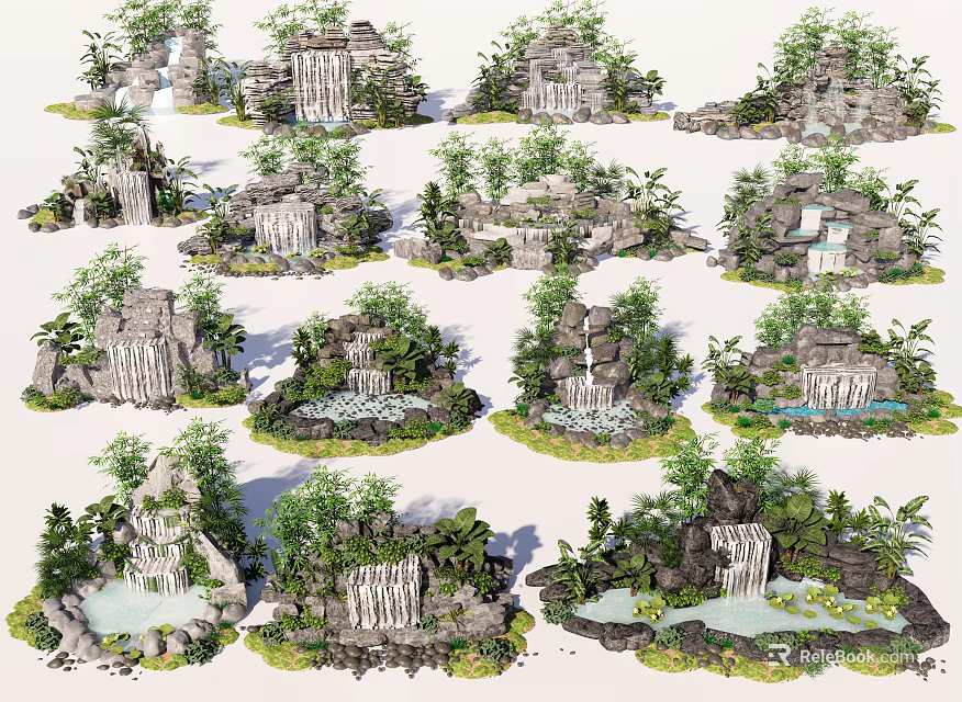 Rockery Stones With Lush Plants Small Waterfalls And Decorative Garden Ponds 3d model 