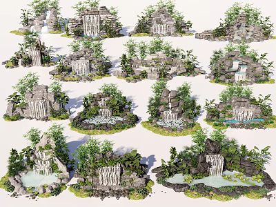 Rockery Stones With Lush Plants Small Waterfalls And Decorative Garden Ponds 3d model