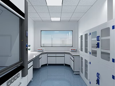 Modern Laboratory Interior With White Lab Benches Storage Cabinets Window Blue Flooring And Ceiling Lights 3d model