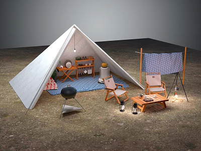 White Camping Tent With Folding Chairs Wooden Table Grill And Hanging Blanket 3d model