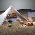 White Camping Tent With Folding Chairs Wooden Table Grill And Hanging Blanket