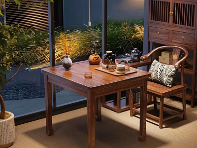 Serene Traditional Tea Room Interior With Wooden Table Chair Tea Set And Green Plants Outside 3d model