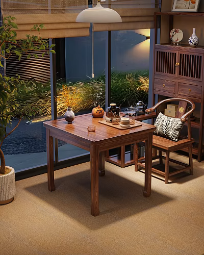 Serene Traditional Tea Room Interior With Wooden Table Chair Tea Set And Green Plants Outside 3d model