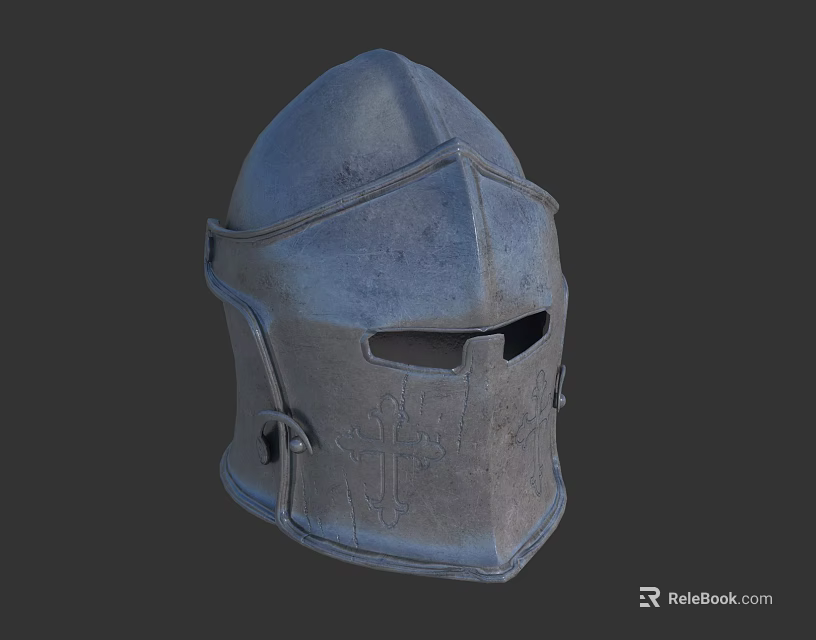 Medieval Metal Helmet With Visor And Intricate Decorative Design Elements 3d model