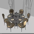 Elegant Round Dining Table Set With Six Chairs Tableware And Wine Glasses 3d model