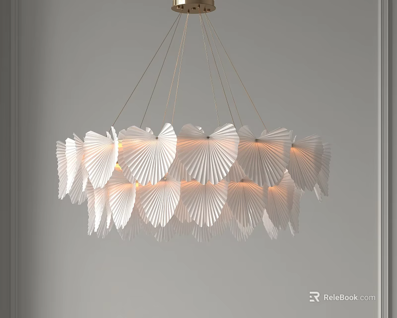 White Leaf Shaped Chandelier Hanging In Modern Interior With Decorative Design 3d model 