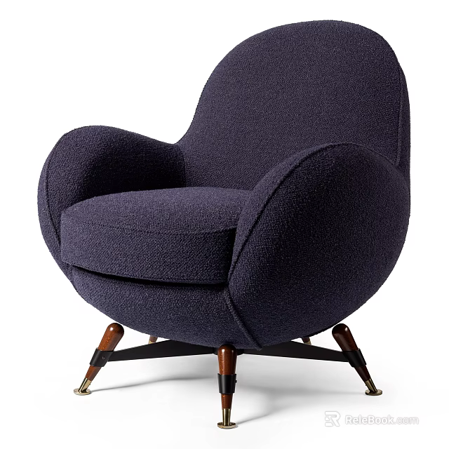 Modern Deep Blue Armchair Plush Rounded Armrests Backrest With Wooden Legs And Metal Accents 3d model 