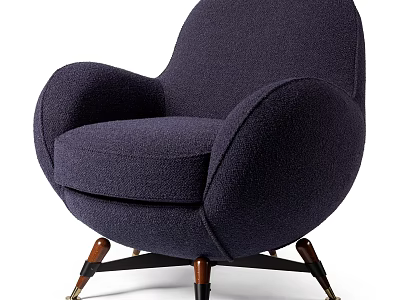 Modern Deep Blue Armchair Plush Rounded Armrests Backrest With Wooden Legs And Metal Accents 3d model