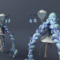Game Movie Character With Long Blue Twin Braids White Dress Umbrella Blue Decorative Elements