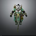 Panda Warrior Character In Green And White Outfit With Backpack And Staff Standing Pose