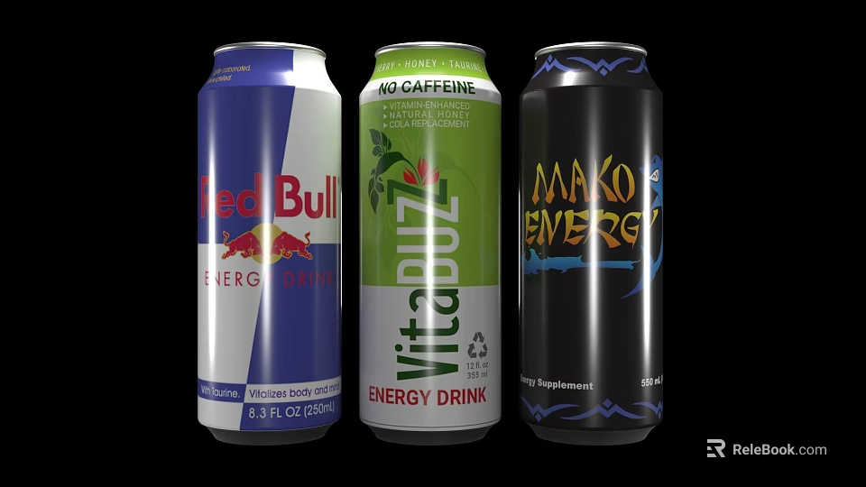Canned Energy Drinks Featuring Red Bull Vitamin Energy And Mako Energy Brands 3d model 