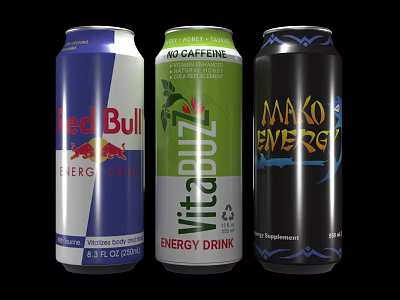 Canned Energy Drinks Featuring Red Bull Vitamin Energy And Mako Energy Brands 3d model