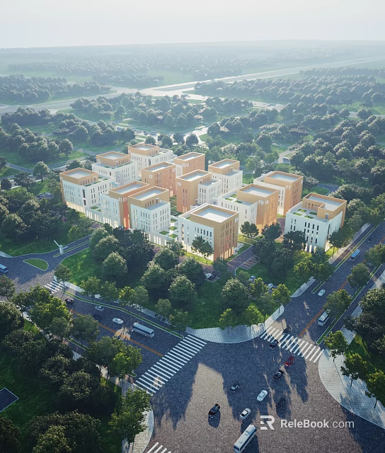 Aerial Planning View of Modern Building Blocks With Lush Greenery And Roads 3d model 