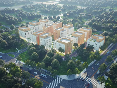 Aerial Planning View of Modern Building Blocks With Lush Greenery And Roads 3d model