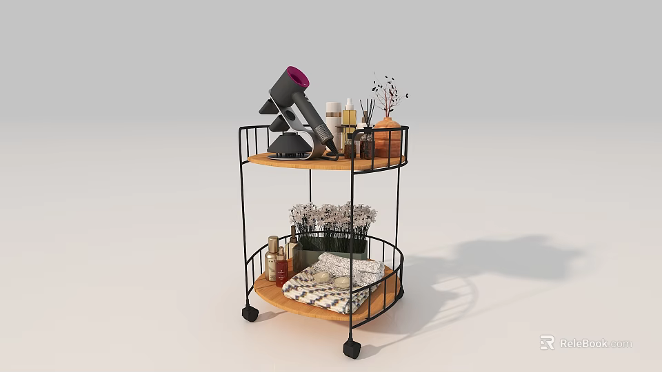 Two Tiered Storage Rack With Metal Frame Wooden Shelves And Wheels For Bathroom Organization 3d model 