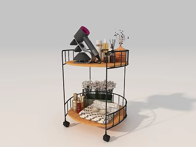 Two Tiered Storage Rack With Metal Frame Wooden Shelves And Wheels For Bathroom Organization 3d model