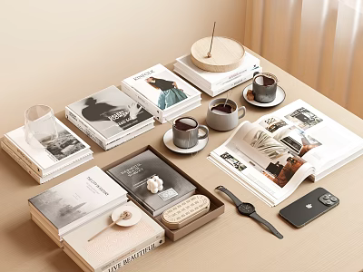 Stacked Books And Open Magazines On Wooden Desk With Tray Coffee Cups Watch And Phone 3d model