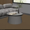 Modern Gray Sofa And Round Pleated Coffee Tables Set With Open Book And Green Plant
