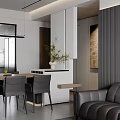 Modern Living and Dining Room Interior With Leather Sofa Coffee Table Dining Chairs and Wall Artwork