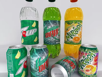 Assorted Soft Drinks In Bottles And Cans 3d model