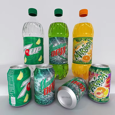 Assorted Soft Drinks In Bottles And Cans 3d model