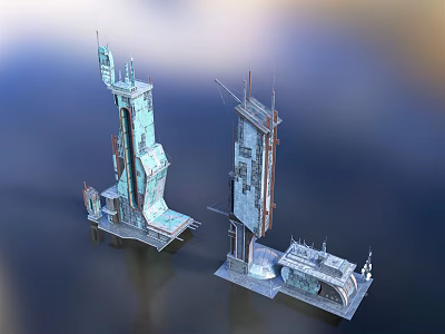Futuristic Tall Metallic Structures With Mechanical Details On Sleek Surface Background 3d model