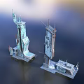 Futuristic Tall Metallic Structures With Mechanical Details On Sleek Surface Background