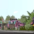 Outdoor Scene With Pink Car Open Trunk Items Green Plants Balloons Blue Sky And People