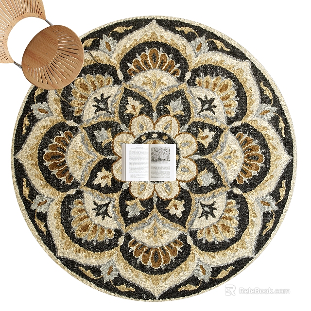 Round Decorative Rug with Intricate Floral Pattern Beige Black Tones Open Book Centerpiece 3d model 