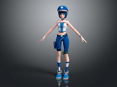 3D Character Creature In Blue White Outfit With Hat Sleeveless Top And Boots 3d model