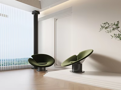 Two Green Single Sofa in Modern Interior with White Wall Wooden Floor Window and Plant 3d model