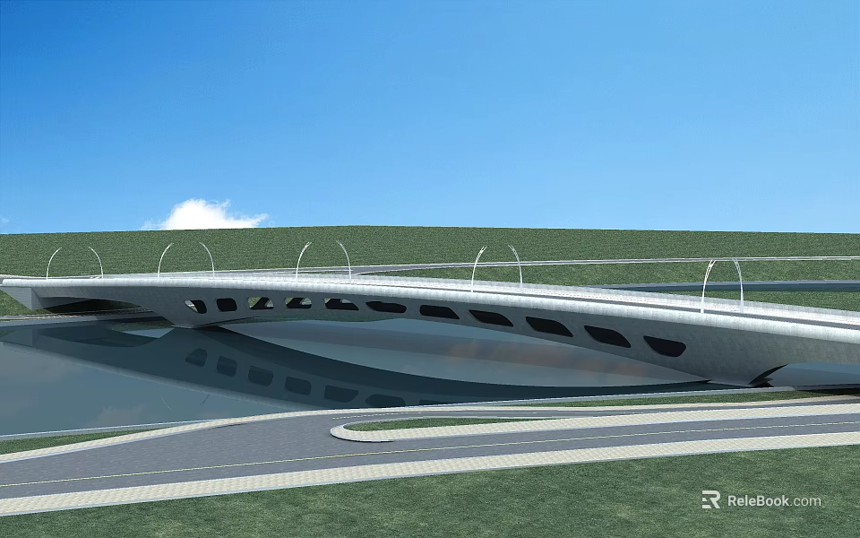 Modern Bridge Structure Design Over Water Surface With Grassland Blue Sky And White Clouds 3d model 