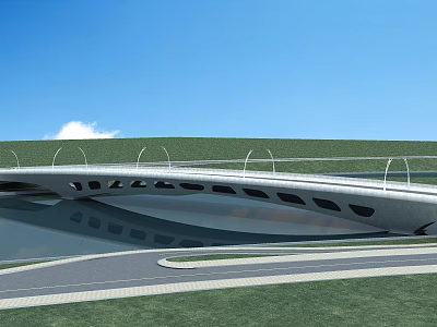 Modern Bridge Structure Design Over Water Surface With Grassland Blue Sky And White Clouds 3d model
