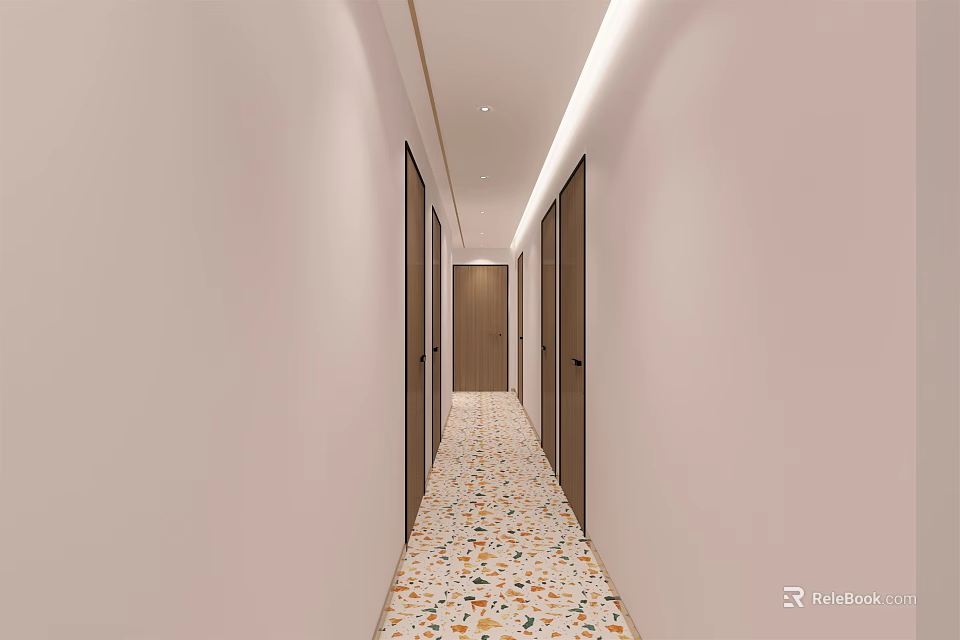 Elevator Hallway Design With Light Colored Walls Terrazzo Floor And Wooden Doors 3d model 