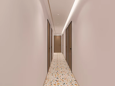 Elevator Hallway Design With Light Colored Walls Terrazzo Floor And Wooden Doors 3d model