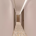Elevator Hallway Design With Light Colored Walls Terrazzo Floor And Wooden Doors