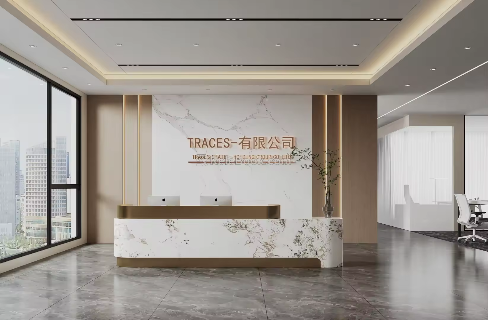 Modern company front desk office area reception area front desk background wall painting 3d model