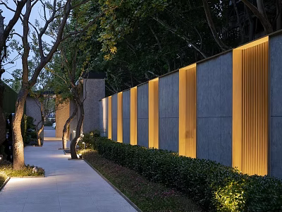 Illuminated Landscape Wall With Concrete And Wooden Slats Along Evening Pathway Trees And Bushes 3d model