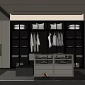 Modern Walk in Closet With Glass Door Cabinets Hanging Clothes And Central Display Table