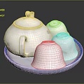 White Ceramic Teapot With Three Cups On Blue Rimmed Tray For Daily Use
