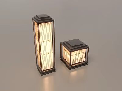 Two Modern Outdoor Lights With Dark Frame Rectangular Design And Striped Lampshade 3d model