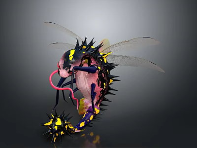 Fantasy Spiky Purple Animal With Transparent Wings Long Tentacles And Yellow Spots 3d model