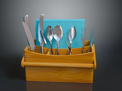 Functional Wooden Utensil Holder With Knives Spoons Forks And Blue Napkin 3d model